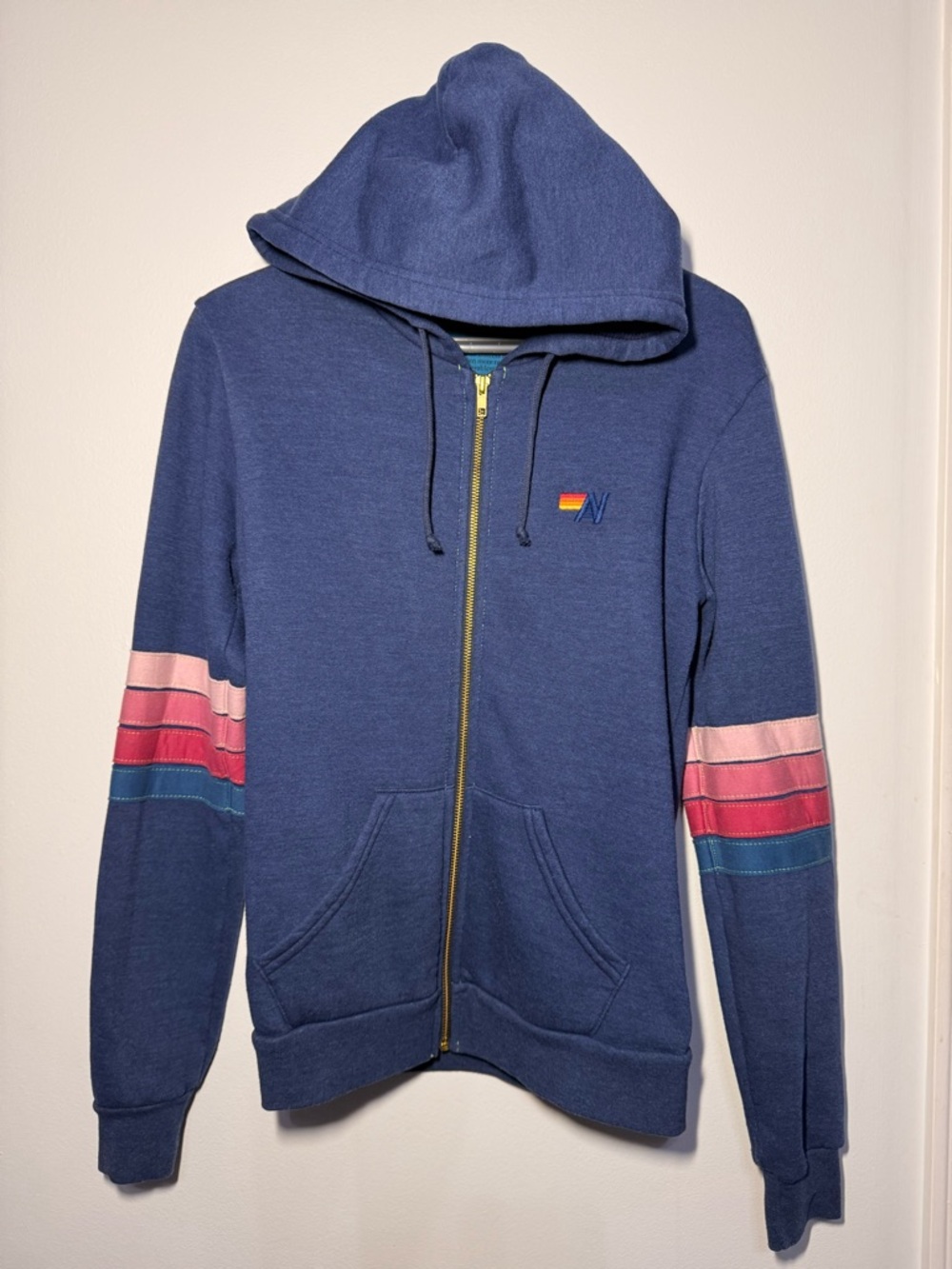 Aviator Nation Navy Zip Hoodie with Pink and Teal Stripe Sleeves size S